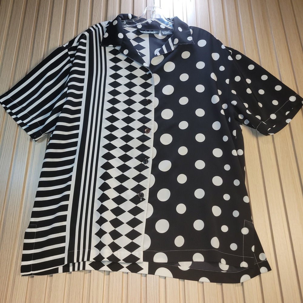 Counterparts Womens Mixed Print Button Up Shirt Black White Polka Dot Diamond M